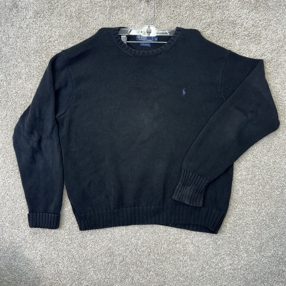 Polo Ralph Lauren Sweater Men XL Black Cotton Crewneck Purple Pony Knit‎ Ribbed